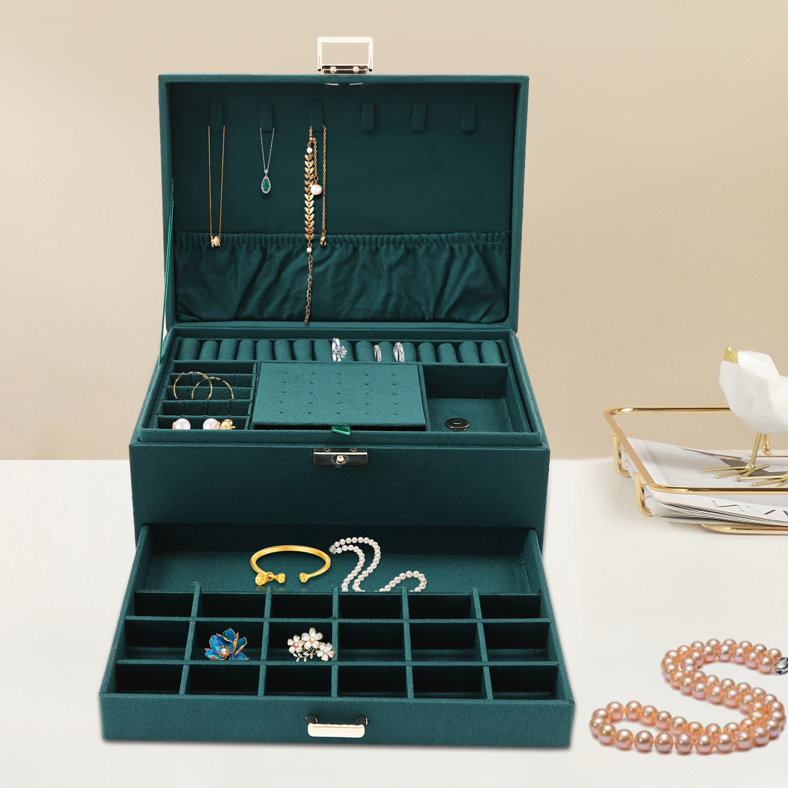 Drawer Organizer Peg - 3-Tier Dark Green Jewelry Box Organizer