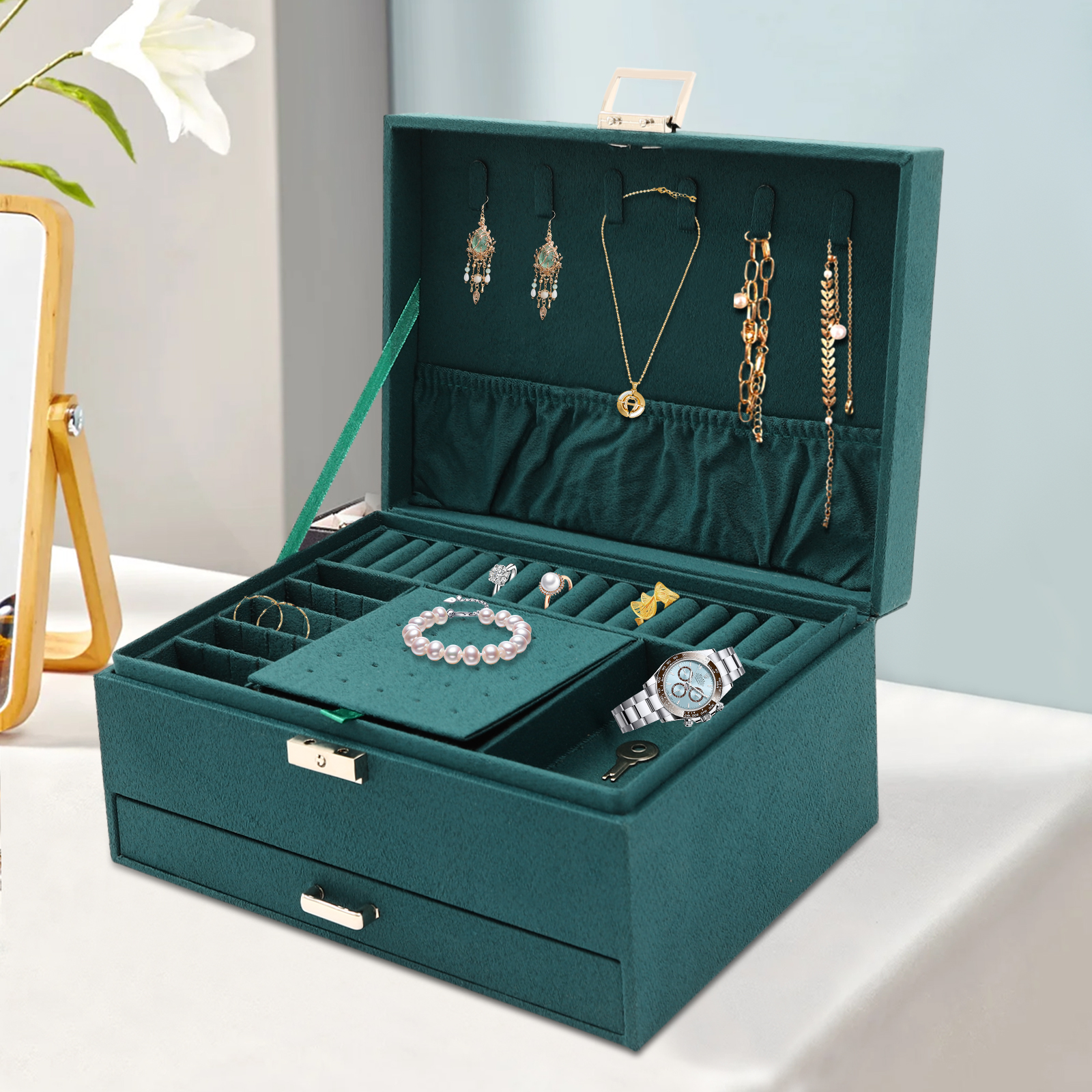 3-Tier Dark Green Jewelry Box  - Drawer Organizer Peg recensie en prijs